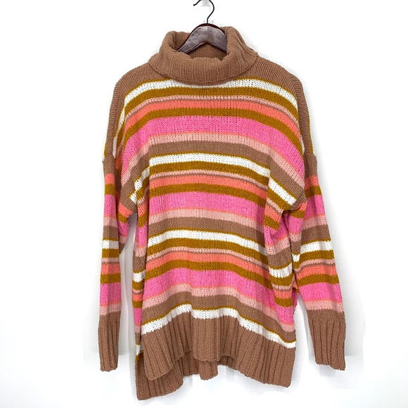 Aerie Oversized Pink Brown Peach White Multi Stripe Chenille Knit Sweater New - Picture 2 of 13